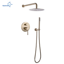 Aquacubic Brushed Gold Shower Faucet Set, Wall Mount Round Gold Rain Shower System Mixer Set